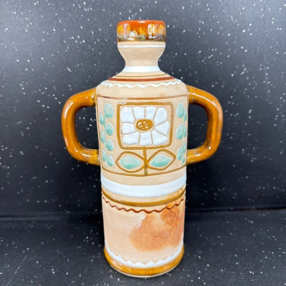 Handmade Folk Art Pottery Vase Double Handle Flower Amber Glaze 9in